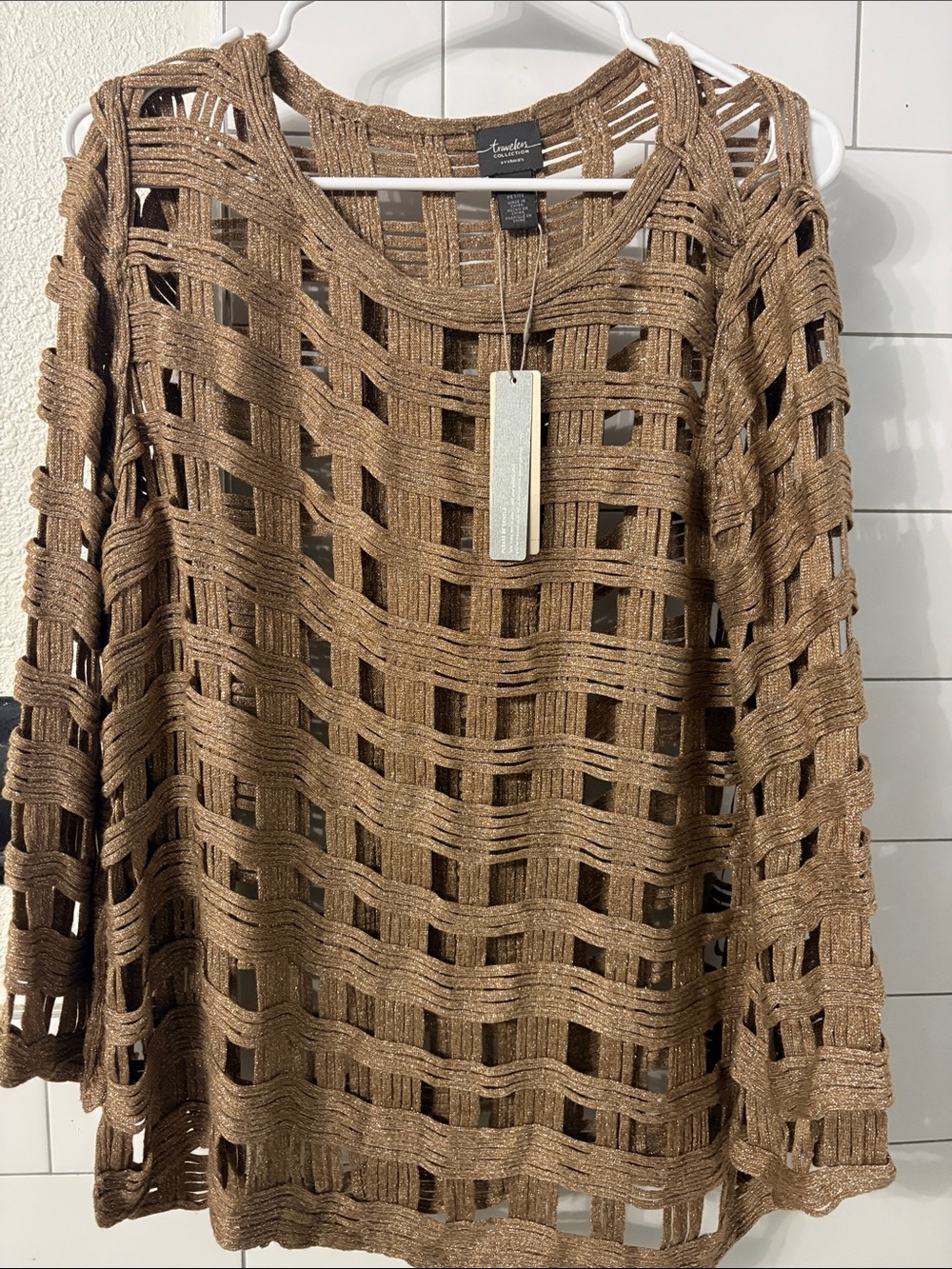 Textured Open-Knit Metallic Glittery Gold/Brown Pullover Sweater